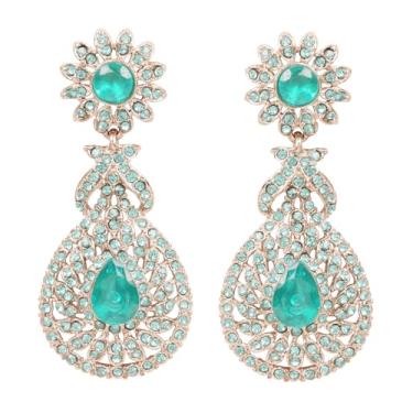 Imagem de Touchstone Brincos de lustre longos indianos Bollywood glamourosos feitos à mão contemporâneos em cristal de strass dourado prateado para mulheres.