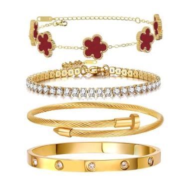 Imagem de Pulseiras de ouro para mulheres, banhado a ouro 18 K, conjunto de pulseiras femininas com trevo e unhas, conjunto empilhável de ouro, joias modernas, presentes para o dia das mulheres e dia das mães