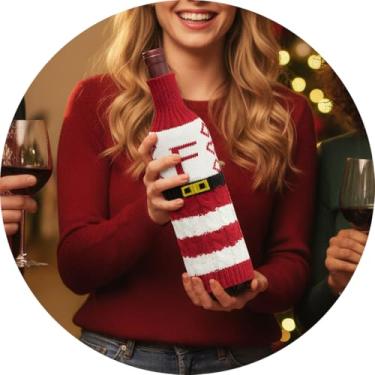 Imagem de Capa de garrafa de vinho, decoração de mesa de Natal engraçada para festas de fim de ano, manga de vinho de malha para troca de presentes, decoração de casa
