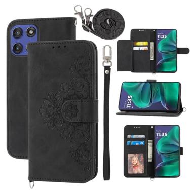 Imagem de Dswteny Capa carteira para Motorola Moto G Stylus 5G 2025 com alça de ombro transversal, couro em relevo, suporte para cartão de crédito, acessórios para celular G5, mulheres e meninas, preta