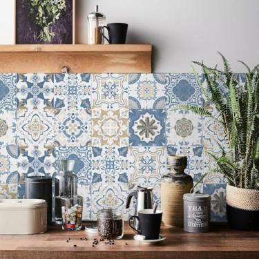 Imagem de ArtisanAura 24 peças de adesivos de azulejo de parede boho mandala marroquino descasque e cole, decalques de vinil à prova d'água autoadesivos de 15 x 15 cm, decoração de parede para cozinha, banheiro