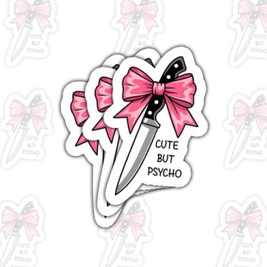Imagem de 3 peças Cute But Psycho Quote Sticker, Pink Bow Knife Aesthetic Stickers, Funny Edgy Girly Knife Decalque Adesivos Die-Cut Waterproof para laptop, garrafa de água, telefone, janela, capacete
