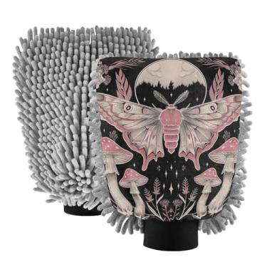Imagem de ODAWA Luvas de lavagem de carro de chenille, luva de lavagem de carro de canhão de espuma preta com cogumelos mariposa, 18 cm x 26 cm (pacote com 2)