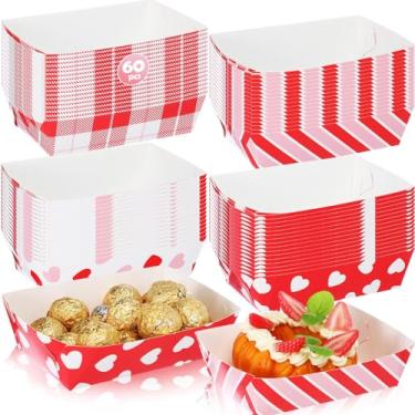Imagem de Dunzoom 48 bandejas de papel para o dia dos namorados, pratos de dia dos namorados, vermelho, rosa, listras de coração, guingão, bandejas descartáveis para lanche de cachorro-quente Nacho para
