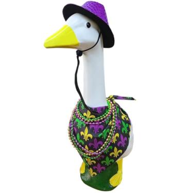 Imagem de Kirmoo Roupa de ganso de carnaval para varanda estátua de ganso 43,2 cm 58,4 cm cimento gramado varanda ganso fantasia acessórios conjunto chapéu bandana cachecol e colares de contas (estilo 1)
