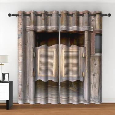 Imagem de Leyiyi Cortinas blackout rústicas ocidentais vintage Wild West Cowboy Saloon porta para meninos homens quarto sala de estar café antigo porta de celeiro de madeira antiga cortinas de janela de casa de