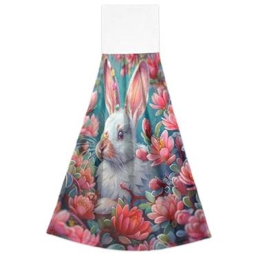Imagem de Toalhas de cozinha de flor rosa de coelho branco com laço para pendurar conjunto de 2 toalhas de banho de cozinha fofas ultra absorventes decoração de banheiro, 46 x 35 centímetros