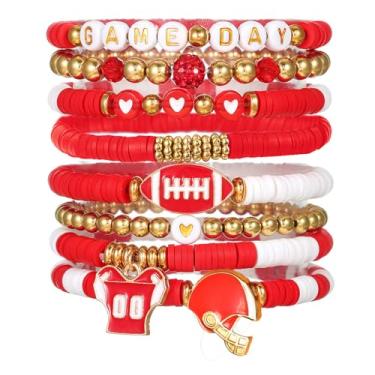 Imagem de Qszmjo Pulseiras femininas de dia de jogo com contas de futebol americano empilháveis pulseira esportiva futebol mãe joias acessórios, One Size, Argila de polímero, Sem Pedra Preciosa