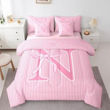 Imagem de Feelyou Conjunto de edredom solteiro com laço rosa para crianças, meninos, meninas, sonhador, geométrico, 7 peças, decoração de quarto de microfibra macia