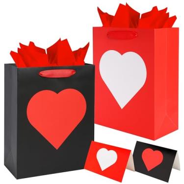 Imagem de PINWATT Conjunto de sacos de presente de Dia dos Namorados – 2 pacotes de sacos de papel românticos de coração com papel de seda vermelho e 2 cartões comemorativos, 33 x 25 x 12 cm para o dia dos
