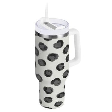 Imagem de Wassud Copo Lepoard preto com alça e tampa de canudo copo isolado garrafa de água de aço inoxidável à prova de vazamento caneca de viagem presentes para mulheres 850 g