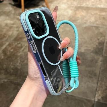 Imagem de Capa magnética transparente com alça de pulso para iPhone 14, 15, 16 Plus, 11, 12, 13, 16 Pro Max, capa protetora de carregamento à prova de choque, azul-claro, para iPhone 16 Pro