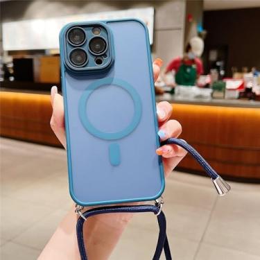 Imagem de Cordão de cordão transversal com colar magnético para iPhone 16, 15, 11, 12, 13, 14 Pro Max, capa de carregamento transparente fosca, azul, para iPhone 16 Plus