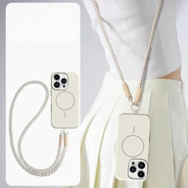 Imagem de Capa protetora de silicone líquido magnética com alça longa transversal para iPhone 15, 14, 16 Plus, 11, 12, 13, 16 Pro Max, capa macia, branca, para iPhone 16