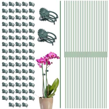 Imagem de 50 peças de estaca de suporte de flores com clipe de 80 peças, clipe de orquídea de haste única dobrável de 15,7 polegadas de altura verde ajuda no crescimento de amarílis de rosa de flores internas e