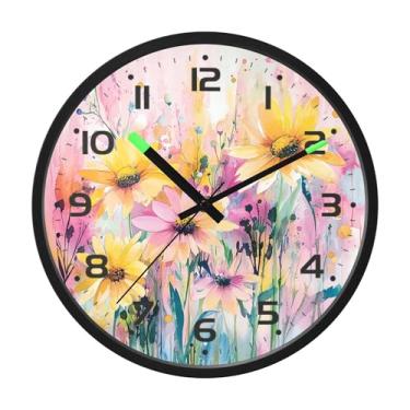 Imagem de SEHANY Herb Wildflower Relógio de parede silencioso sem tique-taque relógio redondo operado por bateria 30 cm controle de som luz noturna relógios de parede para sala de estar, cozinha, quarto