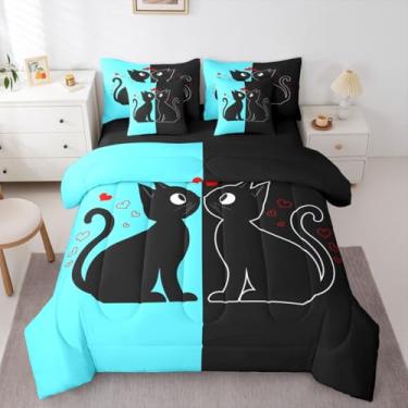 Imagem de Jogo de edredom solteiro fofo de gato preto com lençol (azul e preto) | Jogo de cama de 7 peças para casais que amam gatos românticos, cama em uma bolsa, kawaii, animais de estimação