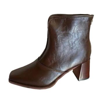 Imagem de Botas femininas de inverno, bico fino, cano baixo, PU, casual, confortável, caminhada diária, Marrom, 36