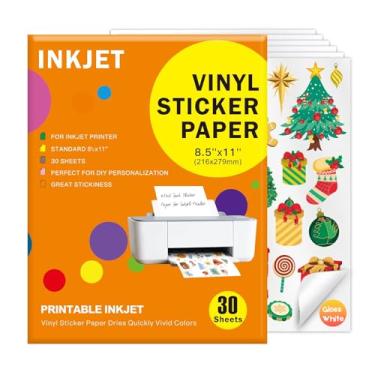 Imagem de Papel adesivo de vinil imprimível premium, branco brilhante, 30 folhas, 21 x 28 cm, impermeável, para impressoras a jato de tinta e máquinas de corte (branco brilhante, 30 folhas)