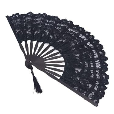 Imagem de aqxreight Ventilador de Mão Dobrável de Renda Oca Vintage Com Borla para Decoração de Performances e Presentes (Preto)