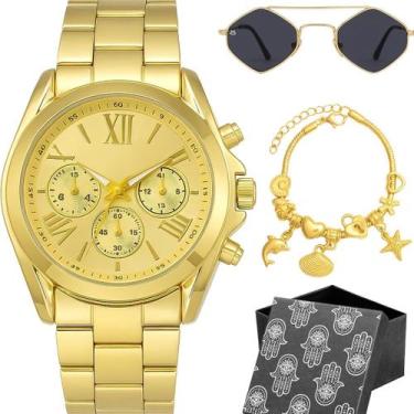 Imagem de Relogio Feminino Inoxidavel Dourado + Colar Pulseira Caixa banhado cas