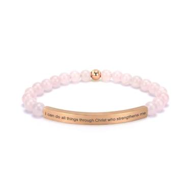 Imagem de cusurlove Pulseira feminina inspiradora de quartzo rosa, banhado a ouro 18K, joia de fé, bíblia religiosa cristã, presente para encorajamento, amor e força, Medium, Cristal, Sem Pedra Preciosa