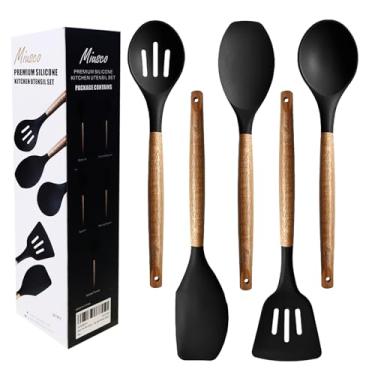 Imagem de Conjunto de utensílios de cozinha, conjunto de utensílios de cozinha de silicone, conjunto de espátula de silicone antiaderente com cabo de madeira dura de acácia natural, 5 peças, utensílios de