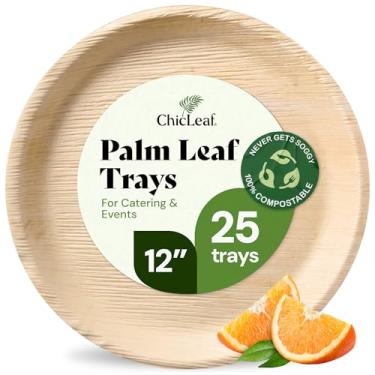 Imagem de Chic Leaf Bandejas de folhas de palmeira como bandeja de servir descartável de bambu, 30,5 cm, redonda (25 peças) - Tábua descartável de charcutaria biodegradável e compostável - Bandejas descartáveis para placas de casamento e festa