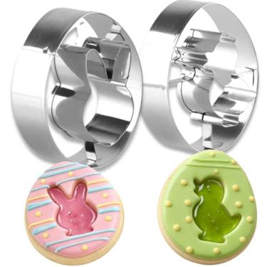Imagem de Cortadores de biscoito de Páscoa, 2 peças de cortadores de biscoito de aço inoxidável em formato de coelho de galinha de metal dupla face, mini cortador de biscoito com tema de férias