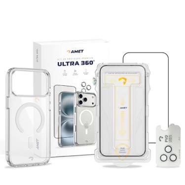 Imagem de AMET Kit Proteção para iPhone 17 Pro, Capa Capinha IPhone 17 pro, Blindagem da Tela, Película p Câmera, 6 Meses de Proteção, Capa Militar Transparente Não Amarela, Queda 3m, Película Tela 8x Resistente com Aplicador
