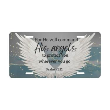 Imagem de Etiqueta de carro com versículo bíblico, salmo 91,11 placa decorativa. Placa de metal para carro. Etiqueta de vaidade. Placa de carro de alumínio Noverlty impermeável Colorfast 30 × 15 cm