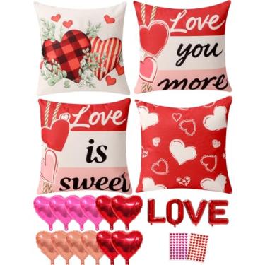 Imagem de Multiwins Conjunto de 4 capas de almofada dupla face para decoração de dia dos namorados 40,6 cm x 40,6 cm, reversíveis 8 designs, com 16 peças de balões de coração e amor, adesivos, kit completo de