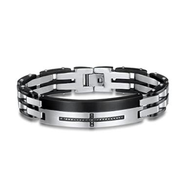 Imagem de Qing Birdee Pulseira masculina de cruz de aço inoxidável, elo de corrente preto prateado em dois tons, 21 cm