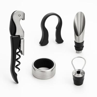 Imagem de Kit Sommelier De Vinho 5 Peças Premium em Aço Inox – Abridor Profissional, Aerador, Tampa Vedação, Anel Anti-Gotas e Corta-Lacre para Vinho