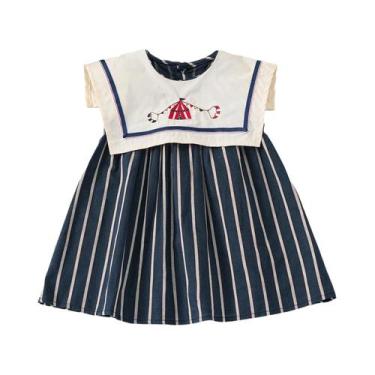 Imagem de Vestido casual de verão para meninas, saia listrada com lapela grande,