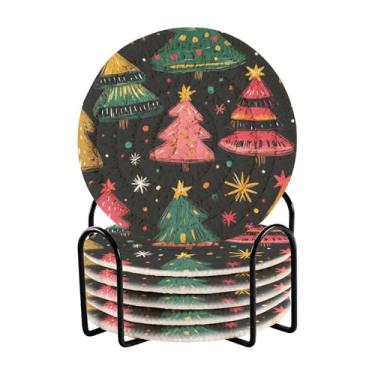 Imagem de Blueangle 6 peças de porta-copos de árvores de Natal de desenho animado para bebidas, porta-copos de tecido redondo super absorvente para mesa de café, proteção de mesa para decoração de casa (561)
