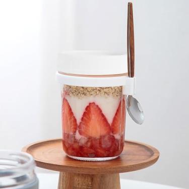 Imagem de Recipiente para copo de café da manhã, pote hermético de aveia com tampa e colher, copo portátil de aveia com marcas de medição, frascos de vidro de boca larga para saladas de cereais
