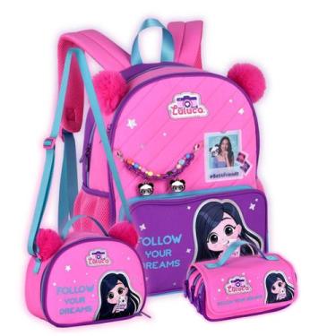Imagem de Kit Mochila Costas Luluca Youtuber Lancheira E Estojo Triplo, Rosa