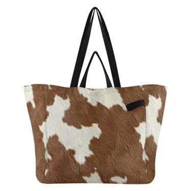 Imagem de SEHANY Sacolas de compras reutilizáveis com estampa de vaca marrom e branca com alças reforçadas, bolsa de compras de lona dobrável à prova d'água de grande capacidade para viagem, cozinha, praia