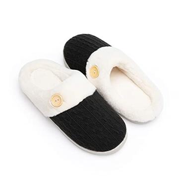 Imagem de Chantomoo Pantufa feminina quente e confortável com espuma de memória, sapatos de malha forrados com pele sintética, sola de borracha antiderrapante, chinelos aconchegantes para ambientes internos e externos, Preto, 11-12