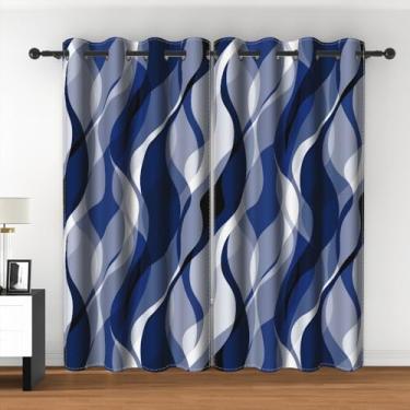 Imagem de Cortinas de janela listradas abstratas modernas retrô geométricas abstratas ombré cinza e azul marinho listrado cortinas blackout para sala de estar, quarto, cozinha, café, decoração 53 x 150 cm, 2