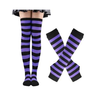 Imagem de Meias De Algodão Estampadas Com Listras Acima Do Joelho Para Mulheres 
