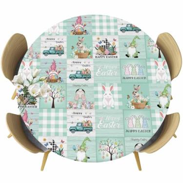 Imagem de Toalha de mesa redonda de Páscoa para mesas de 114 a 137 cm, xadrez verde-azulado, impermeável, toalha de mesa para uso ao ar livre, toalha de mesa redonda de 127 cm com elástico, ovos de páscoa de