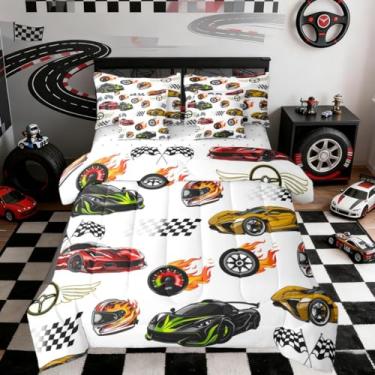 Imagem de Castle Fairy Jogo de cama solteiro com edredom de carro de corrida, carros de corrida, 7 peças, esportes radicais, para decoração de quarto de crianças, preto e branco, cama macia em uma bolsa com