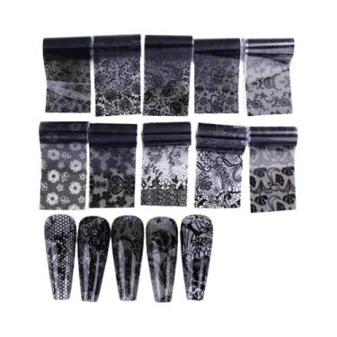 Imagem de Adesivos De Unha Elegantes Em Renda Floral Preta E Branca Com Transfer