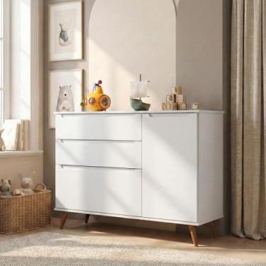 Imagem de Cômoda Infantil 100% MDF com 3 Gavetas e 1 Porta Retrô Melinda Branca 