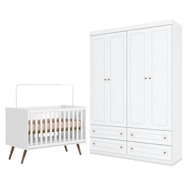 Imagem de Berço Americano Q Encanto 3820 Retrô Branco Acetinado - Qmovi e Guarda Roupa Infantil Americano 4 Porta Branco HP - Henn