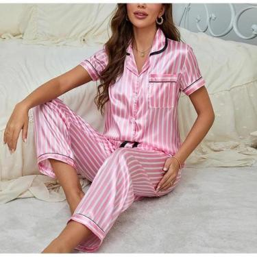 Imagem de Conjunto De Pijama De Seda Com Estampa Listrada Para Mulheres, Manga C