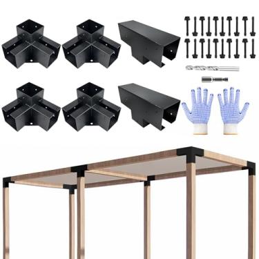 Imagem de VoTwoofv Kit de suporte de pérgola, canto de ângulo reto de 3 vias e suporte plano em forma de T para 10 cm x 10 cm (real: 8,9 cm x 3,5 pol.) Viga de madeira para gazebos ao ar livre, pérgulas de
