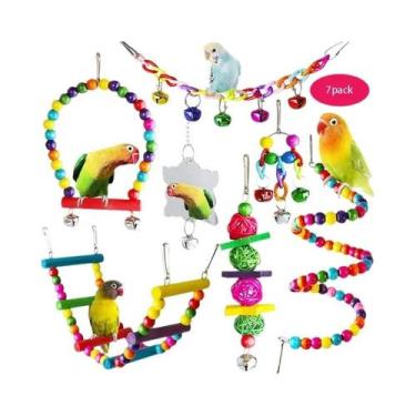 Imagem de Conjunto De Brinquedos De Madeira Para Papagaios 7 Peças: Balanço, Pon